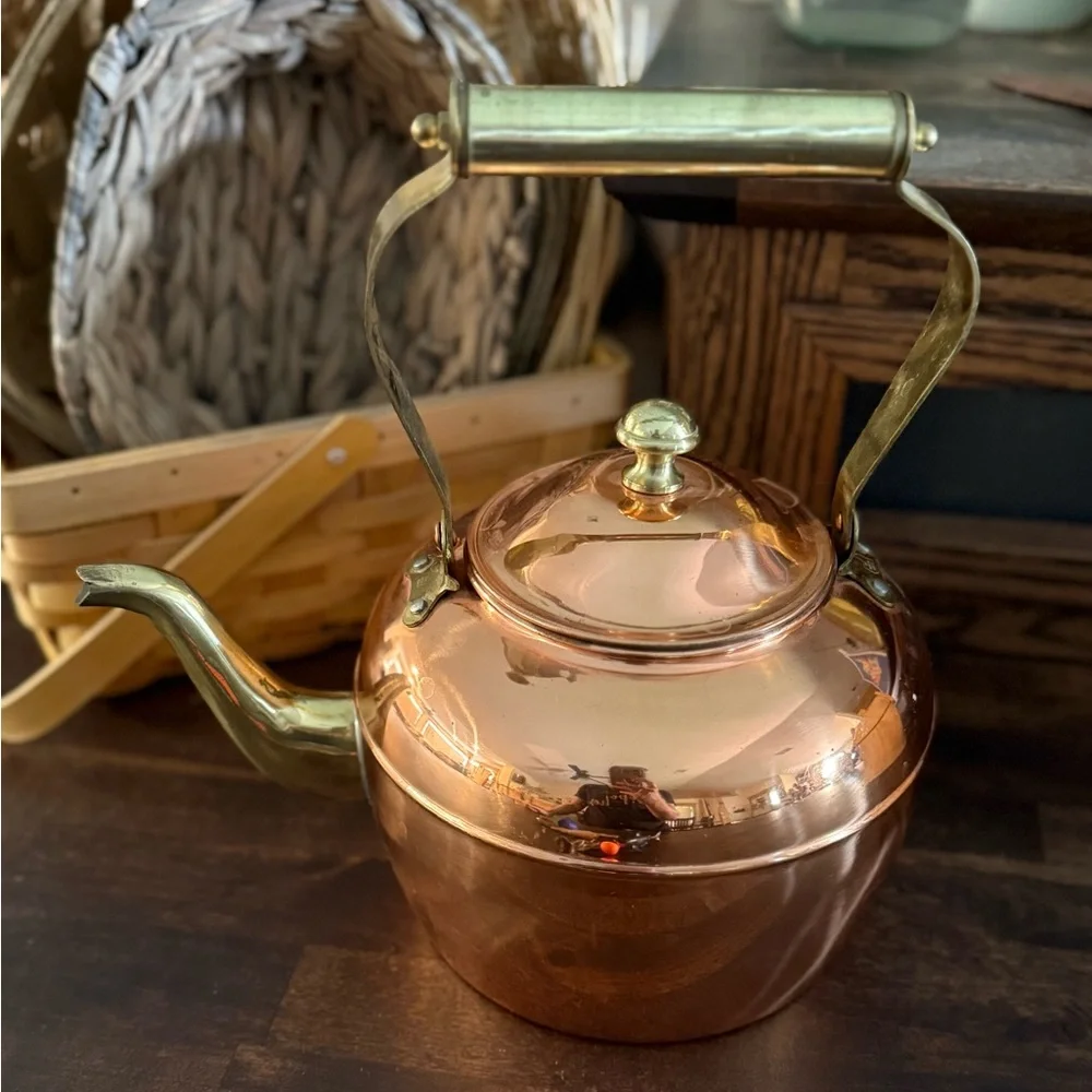 Copper Teapot Kettle with Brass Handle and Spout